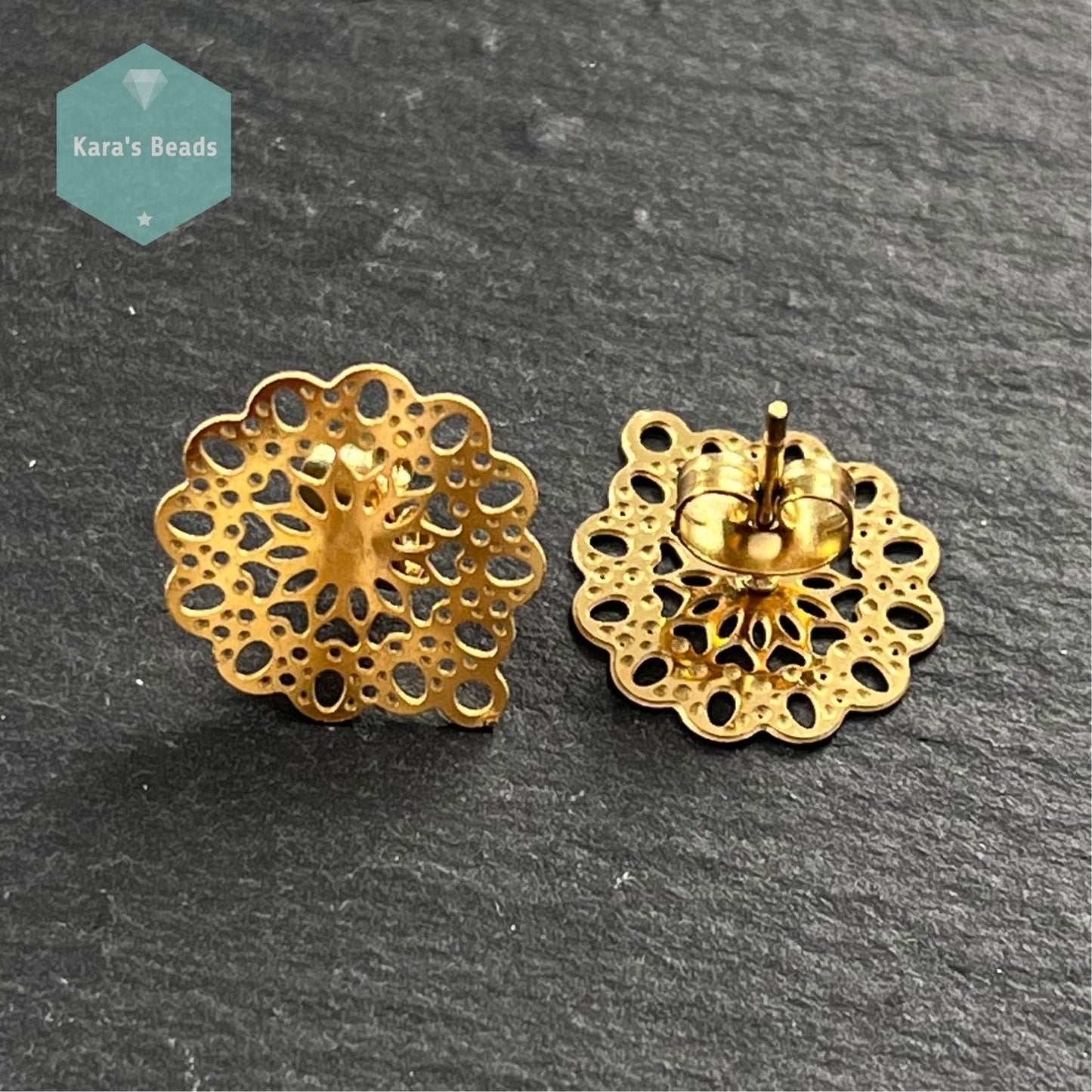 Stainless Steel Round Filigree Earring Stud Posts Gold 1 pair