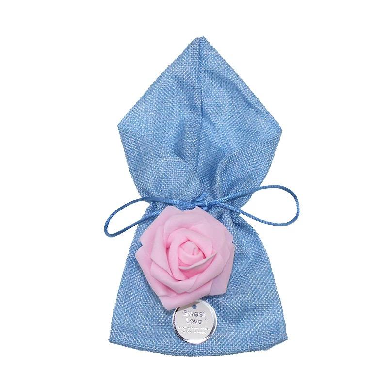 Jute Gift Bag with Rose - Baby Blue
