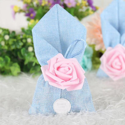 Jute Gift Bag with Rose - Baby Blue